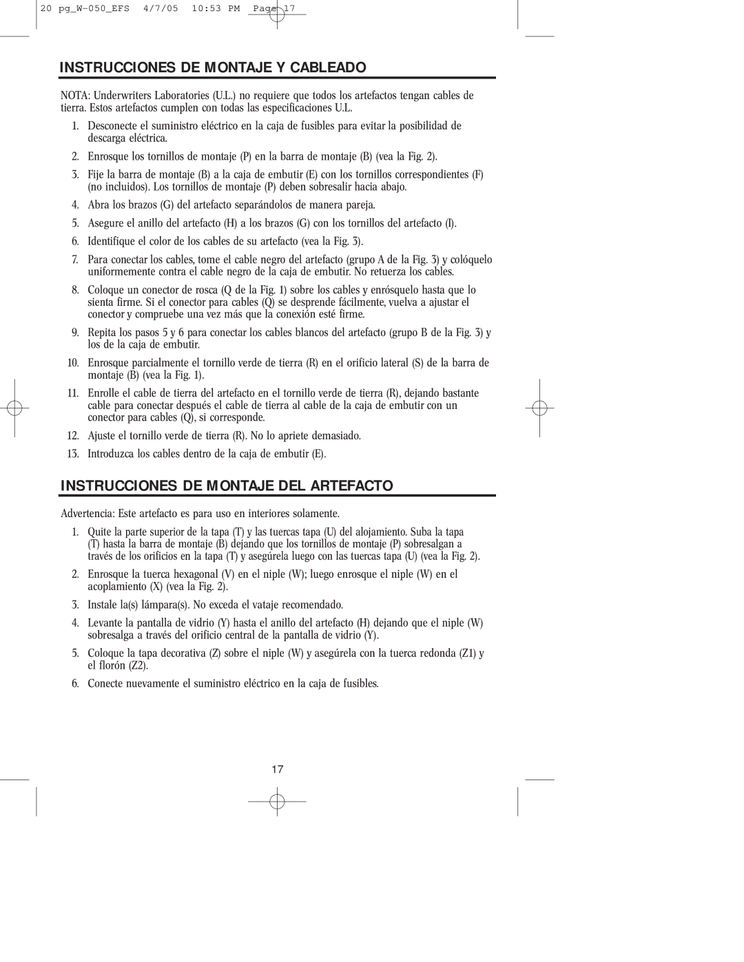 Westinghouse W-050 owner manual Instrucciones DE Montaje Y Cableado, Instrucciones DE Montaje DEL Artefacto 