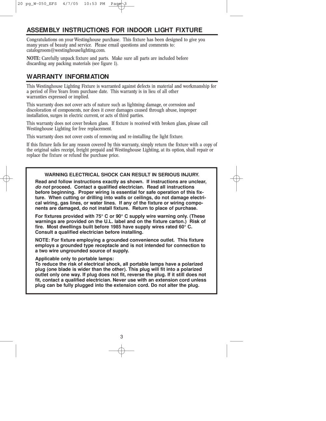 Westinghouse W-050 owner manual Assembly Instructions for Indoor Light Fixture, Warranty Information 