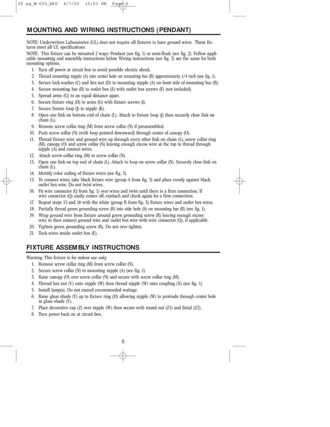 Westinghouse W-050 owner manual Mounting and Wiring Instructions Pendant, Fixture Assembly Instructions 