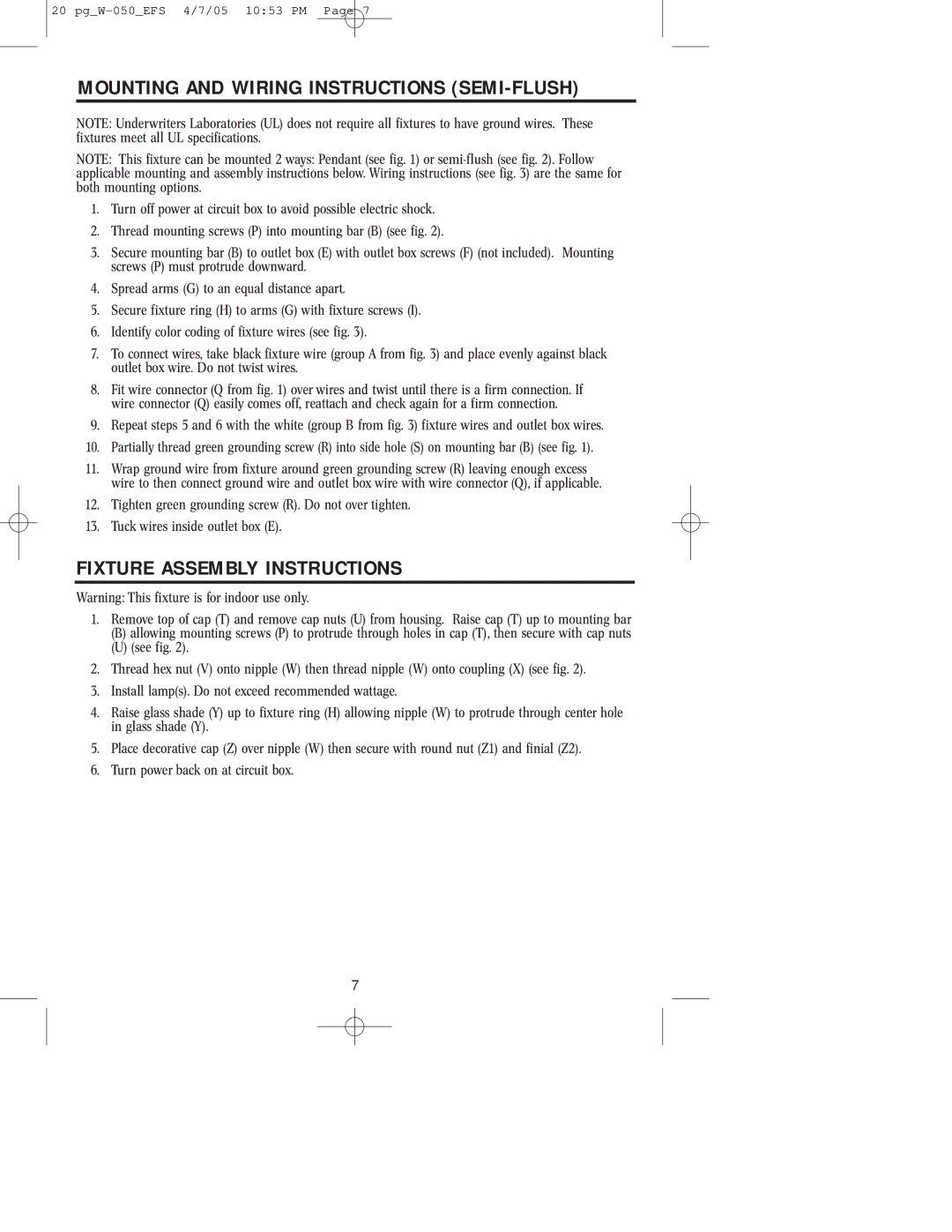 Westinghouse W-050 owner manual Mounting and Wiring Instructions SEMI-FLUSH 