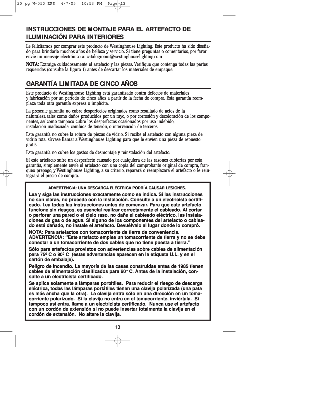 Westinghouse W-050 owner manual Garantía Limitada De Cinco Años 
