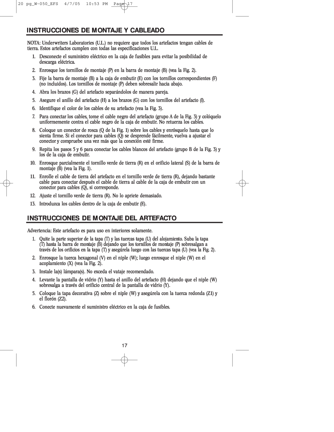 Westinghouse W-050 owner manual Instrucciones De Montaje Y Cableado, Instrucciones De Montaje Del Artefacto 