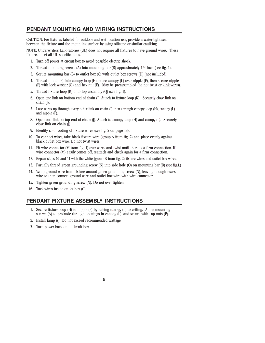 Westinghouse 42204, W-076 owner manual Pendant Mounting and Wiring Instructions, Pendant Fixture Assembly Instructions 