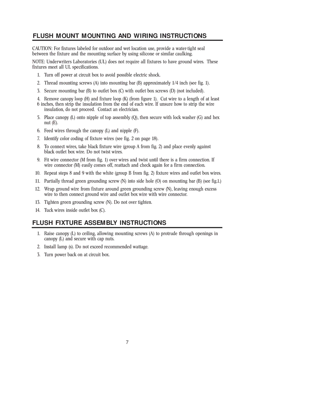 Westinghouse 42204, W-076 owner manual Flush Fixture Assembly Instructions, Flush Mount Mounting and Wiring Instructions 