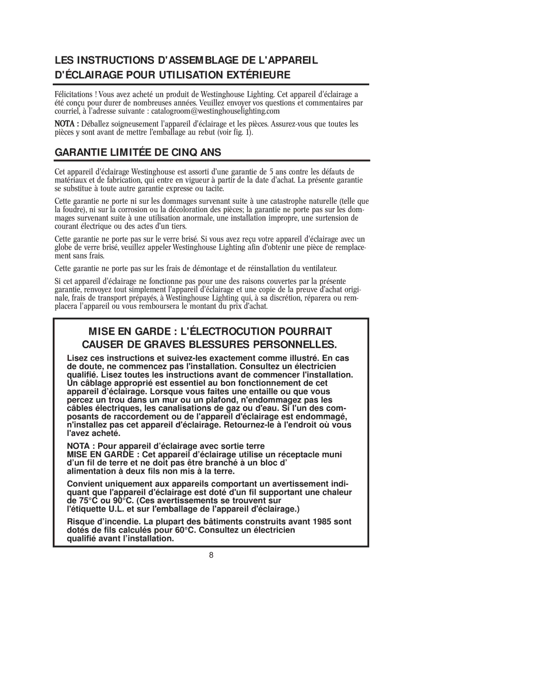 Westinghouse W-076, 42204 owner manual Garantie Limitée DE Cinq ANS 