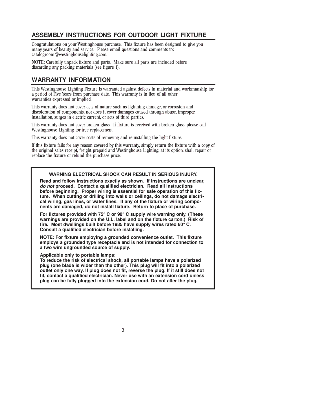 Westinghouse 42204, W-076 owner manual Warranty Information, Assembly Instructions for Outdoor Light Fixture 