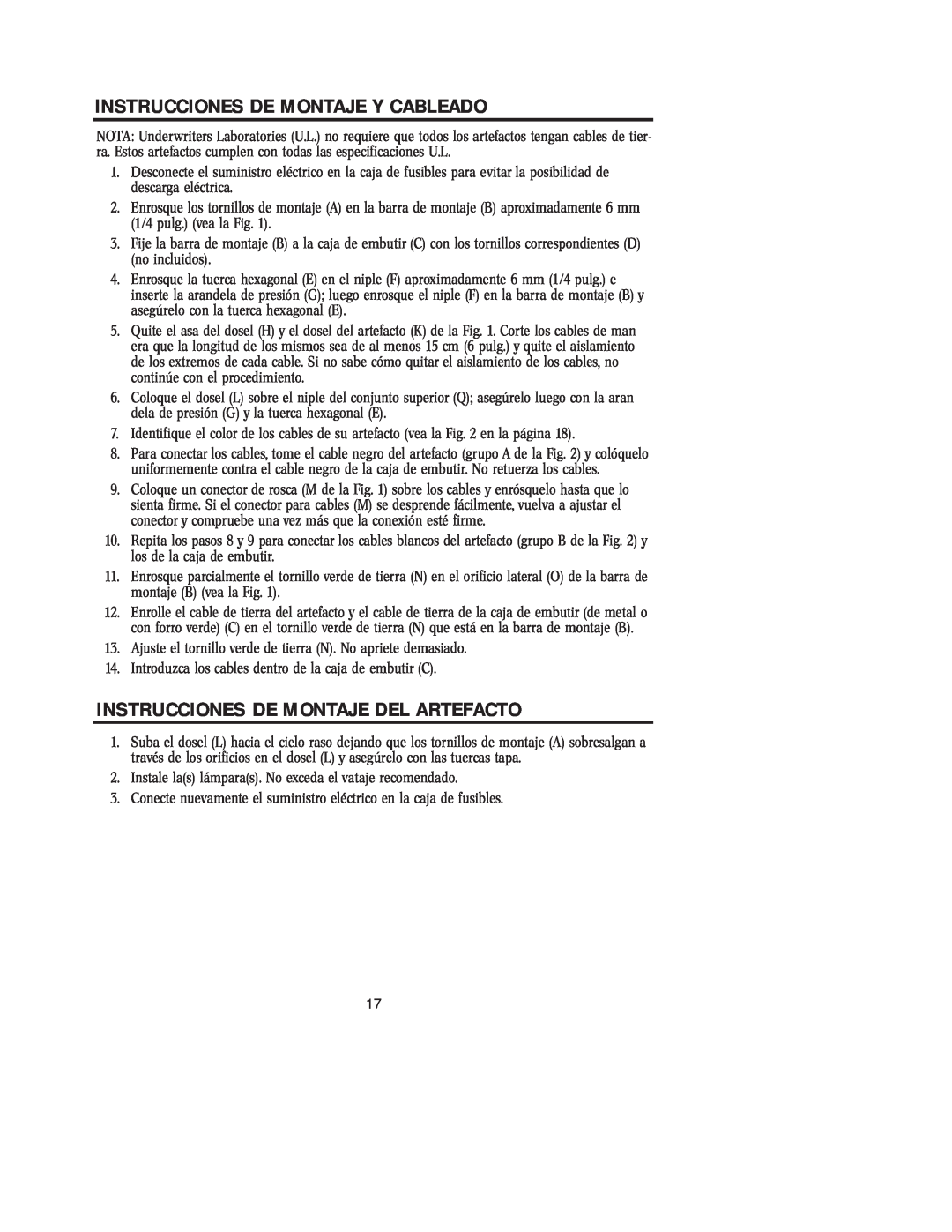 Westinghouse 42204, W-076 owner manual Instrucciones De Montaje Y Cableado, Instrucciones De Montaje Del Artefacto 