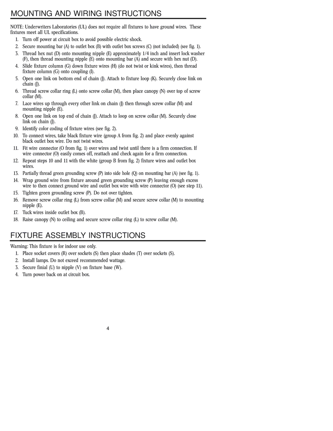 Westinghouse W-107 owner manual Mounting and Wiring Instructions, Fixture Assembly Instructions 