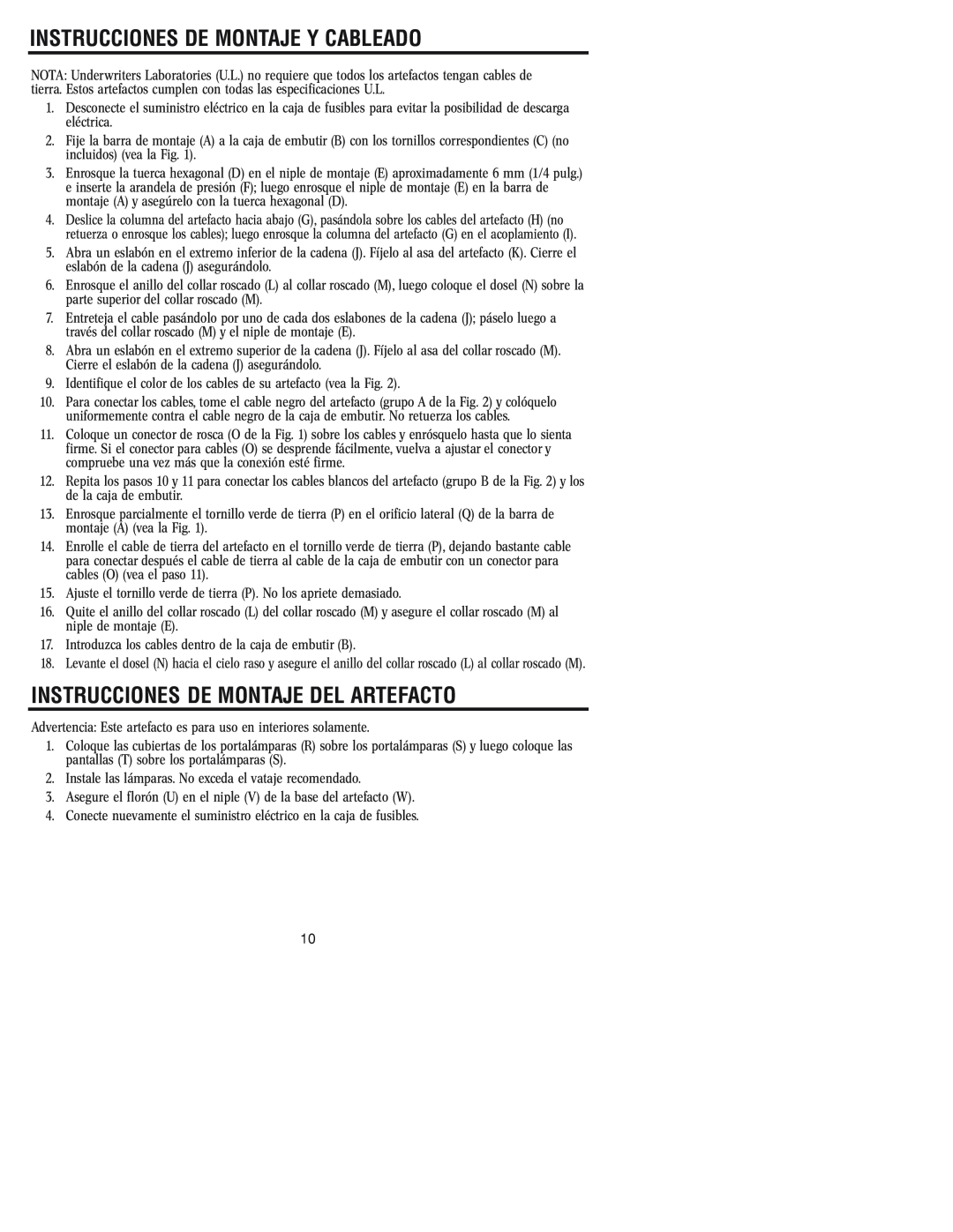 Westinghouse W-107 owner manual Instrucciones De Montaje Y Cableado, Instrucciones De Montaje Del Artefacto 