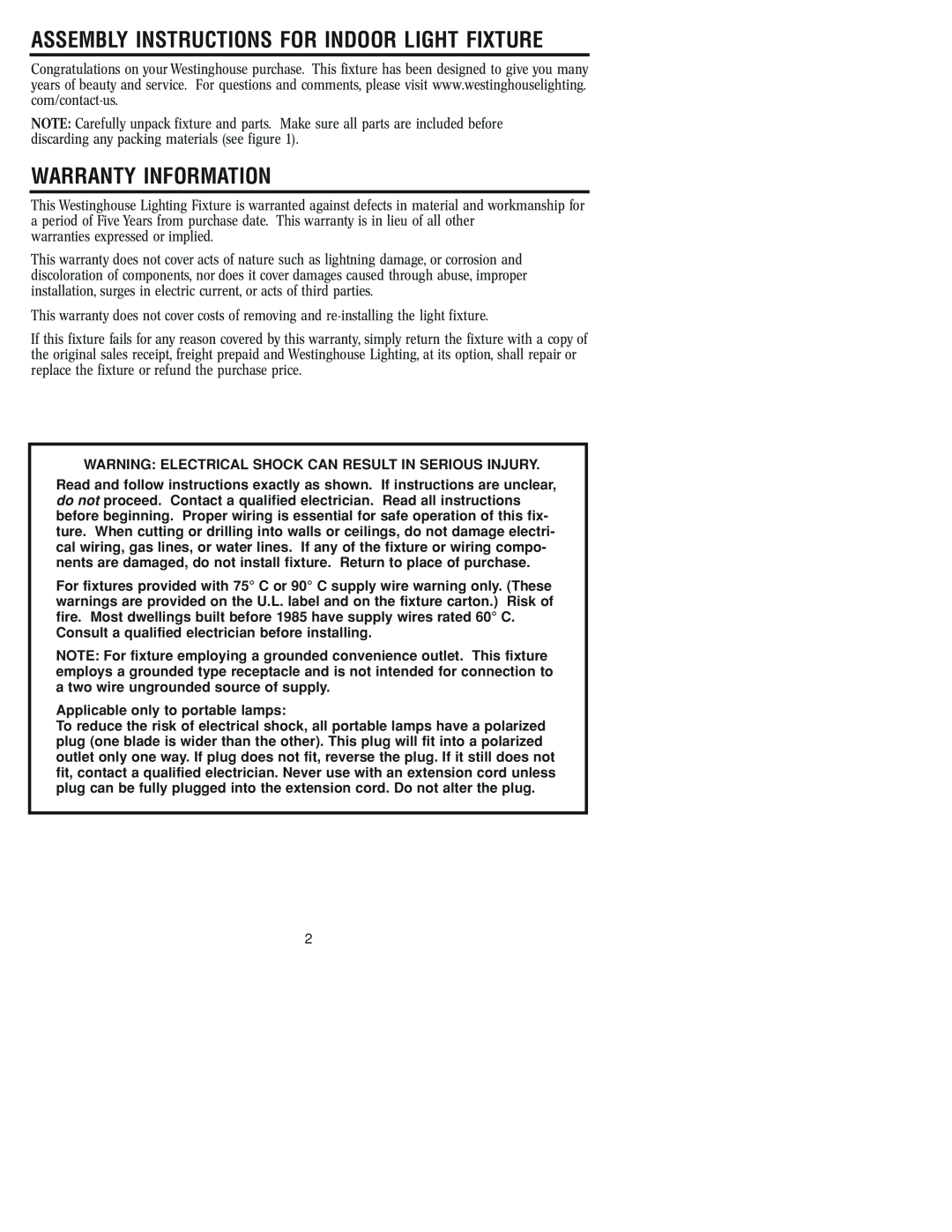 Westinghouse W-107 owner manual Warranty Information, Assembly Instructions For Indoor Light Fixture 