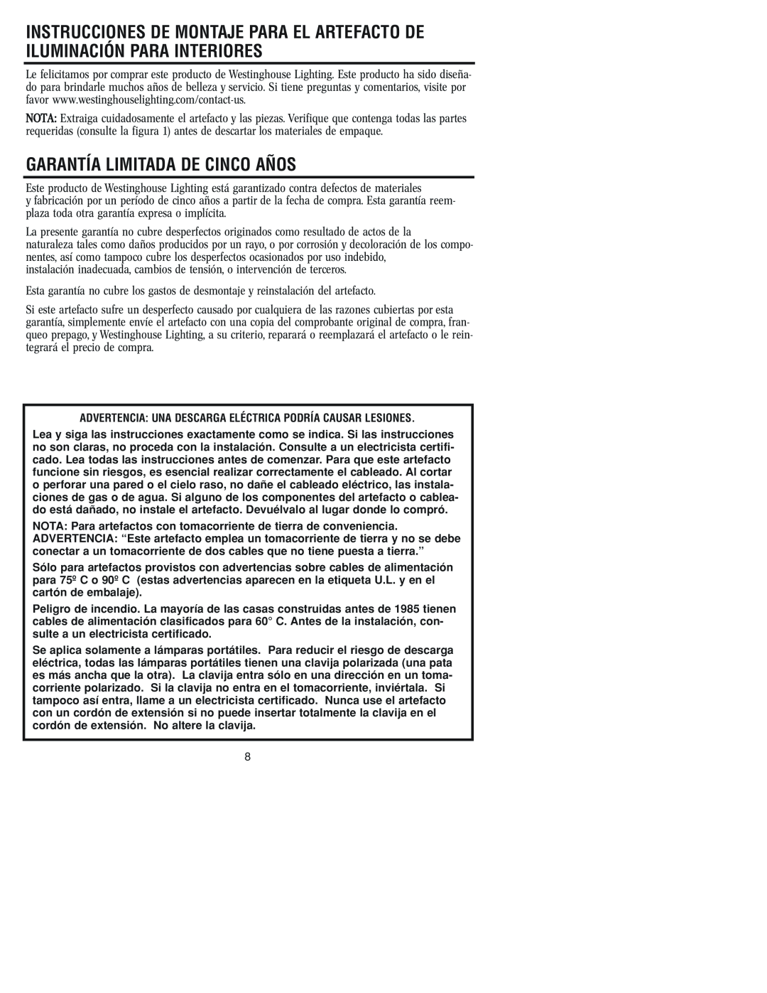 Westinghouse W-107 owner manual Garantía Limitada De Cinco Años 