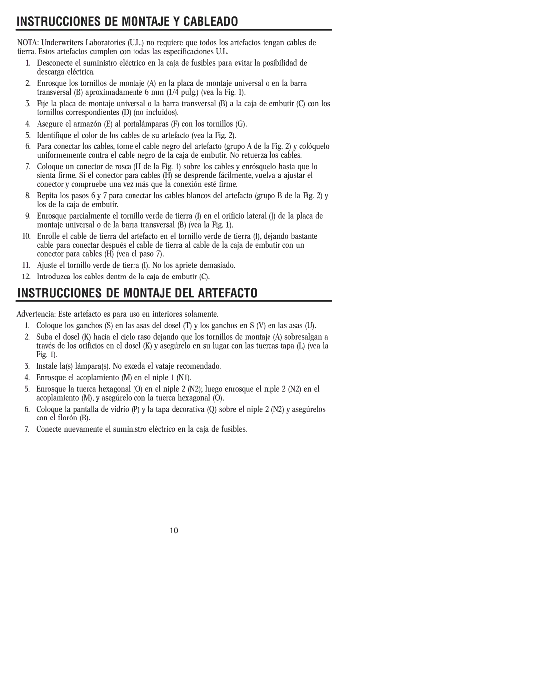 Westinghouse W-116 owner manual Instrucciones DE Montaje Y Cableado, Instrucciones DE Montaje DEL Artefacto 