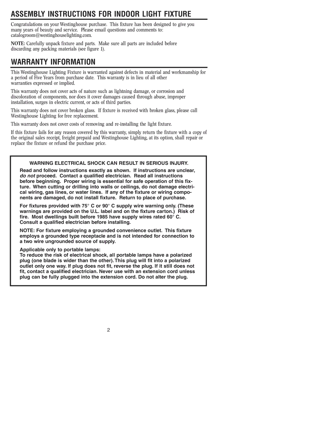 Westinghouse W-116 owner manual Warranty Information, Assembly Instructions for Indoor Light Fixture 