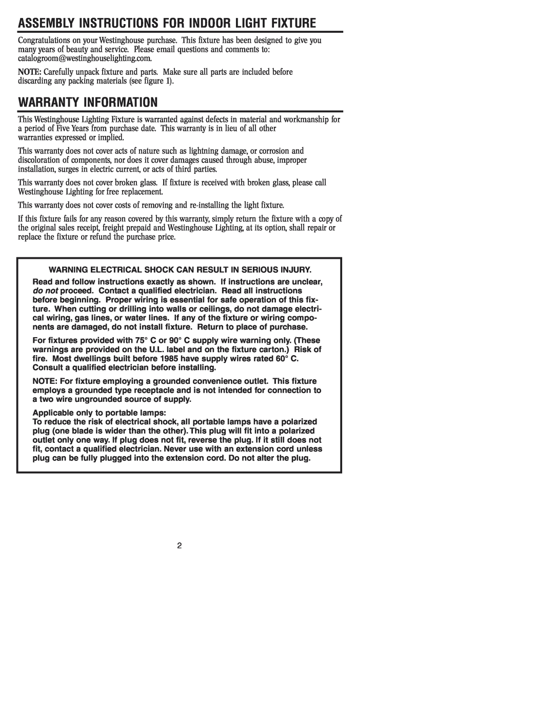 Westinghouse W-116 owner manual Warranty Information, Assembly Instructions For Indoor Light Fixture 