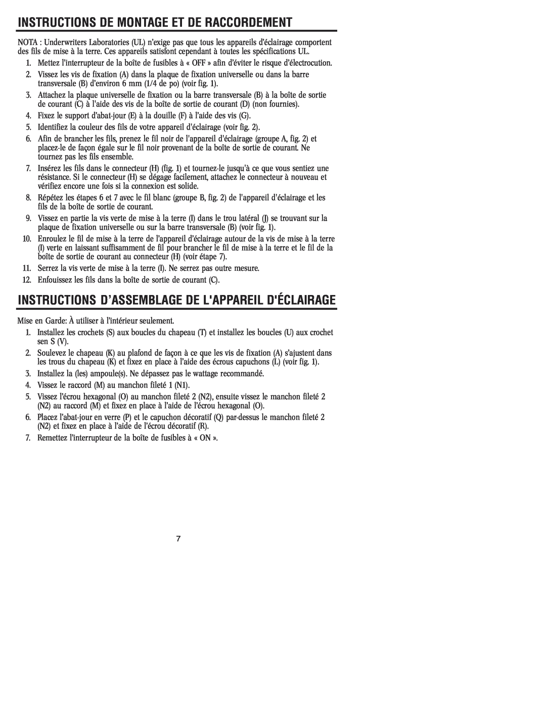 Westinghouse W-116 Instructions D’Assemblage De Lappareil Déclairage, Instructions De Montage Et De Raccordement 