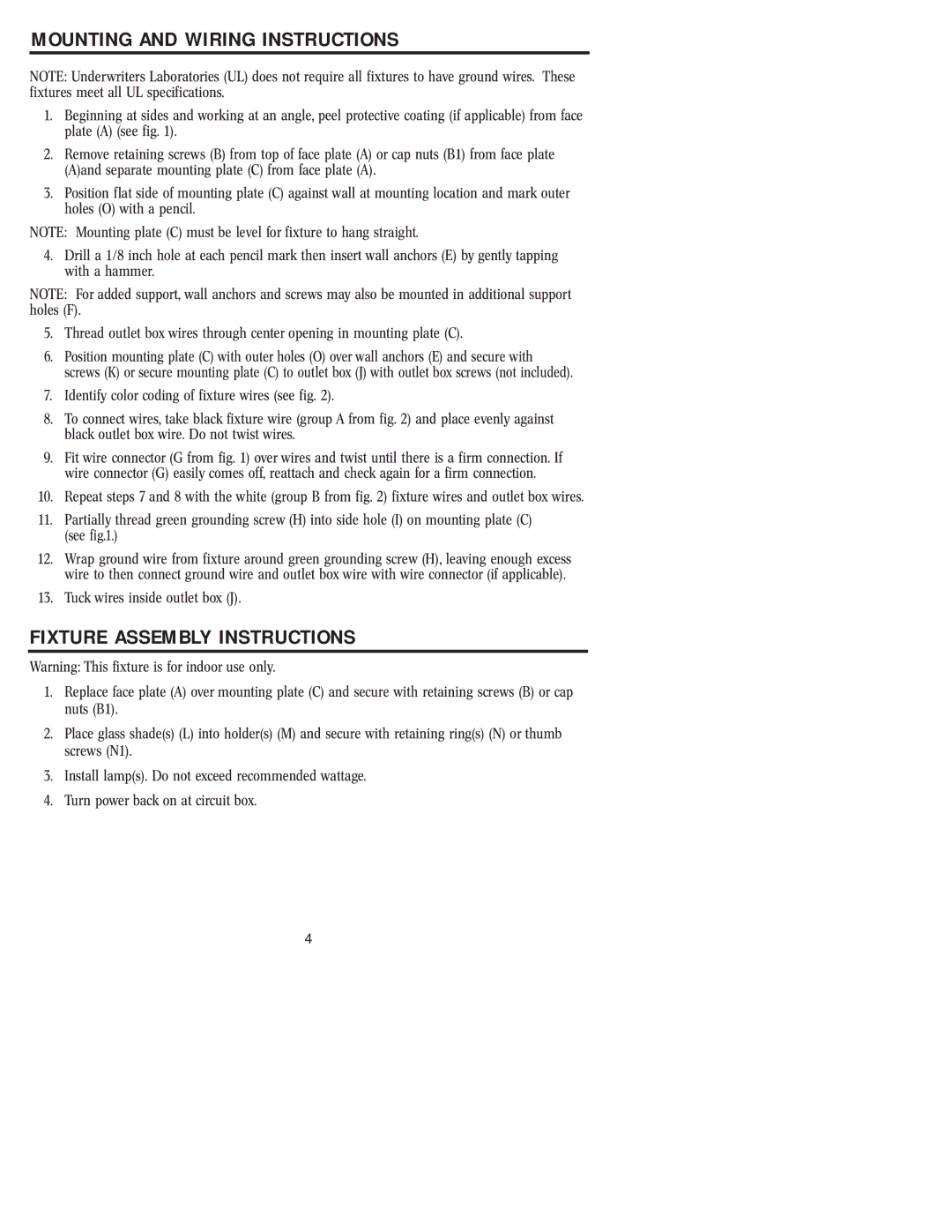 Westinghouse W-118, 72404 owner manual Mounting and Wiring Instructions, Fixture Assembly Instructions 