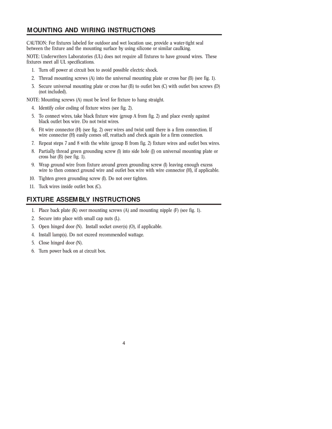 Westinghouse W-125 owner manual Mounting and Wiring Instructions, Fixture Assembly Instructions 