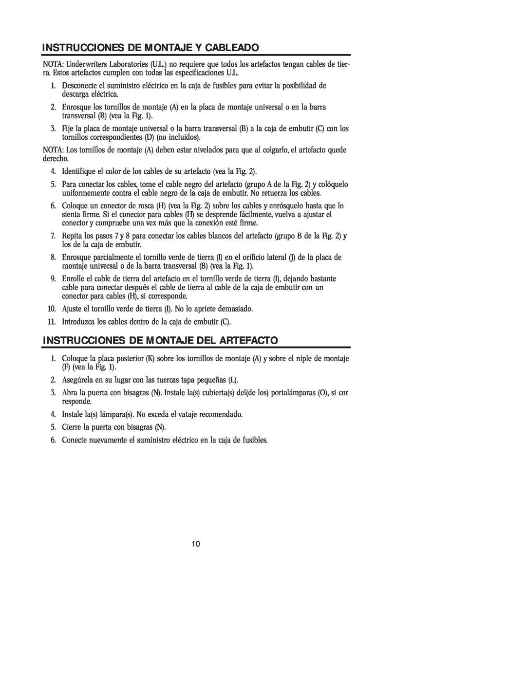 Westinghouse W-125 owner manual Instrucciones De Montaje Y Cableado, Instrucciones De Montaje Del Artefacto 