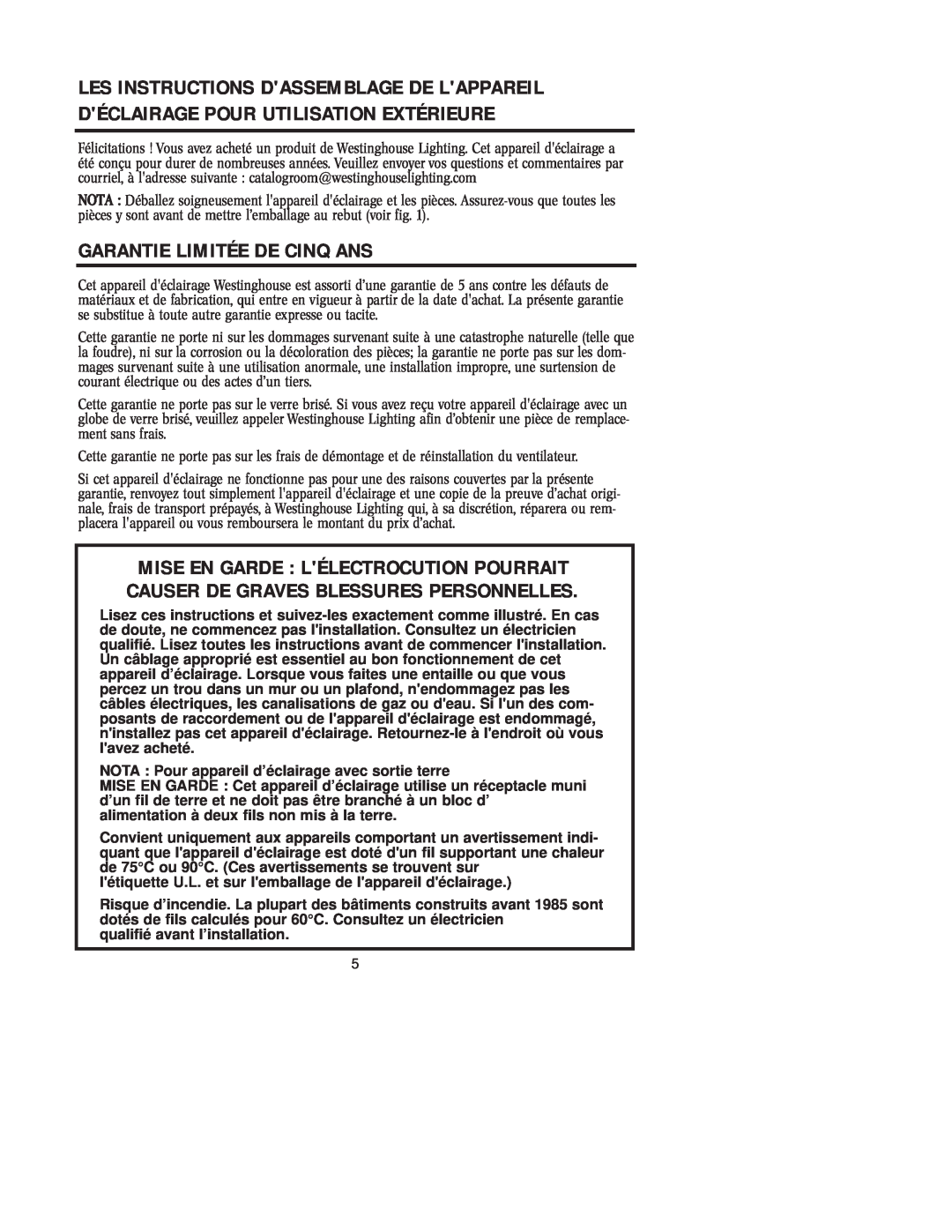 Westinghouse W-125 owner manual Garantie Limitée De Cinq Ans 