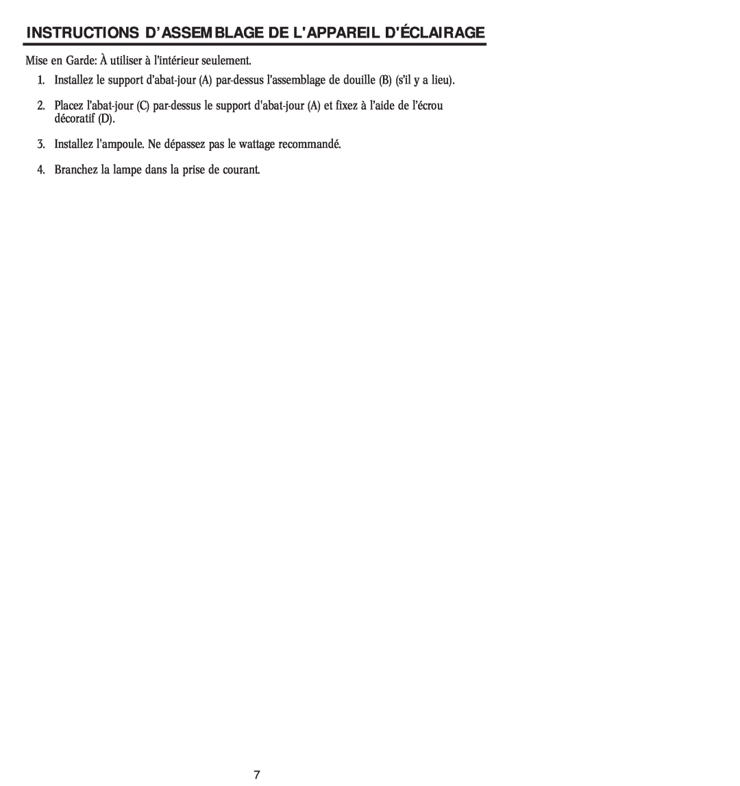 Westinghouse W-128 owner manual Instructions D’Assemblage De Lappareil Déclairage 