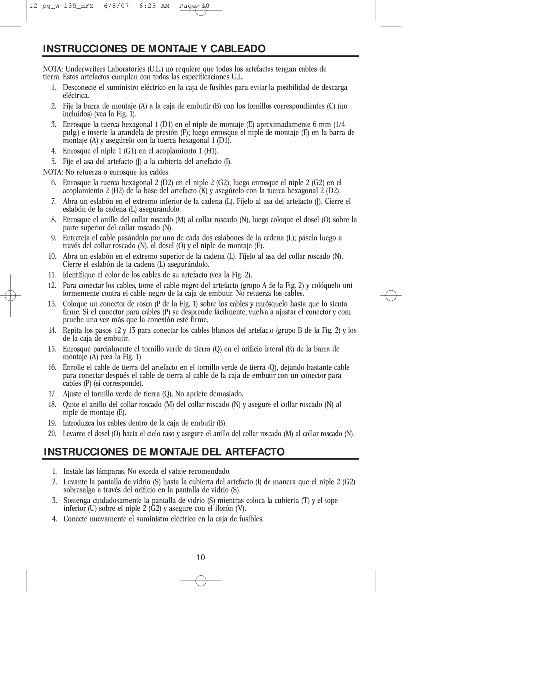 Westinghouse W-135 owner manual Instrucciones DE Montaje Y Cableado, Instrucciones DE Montaje DEL Artefacto 