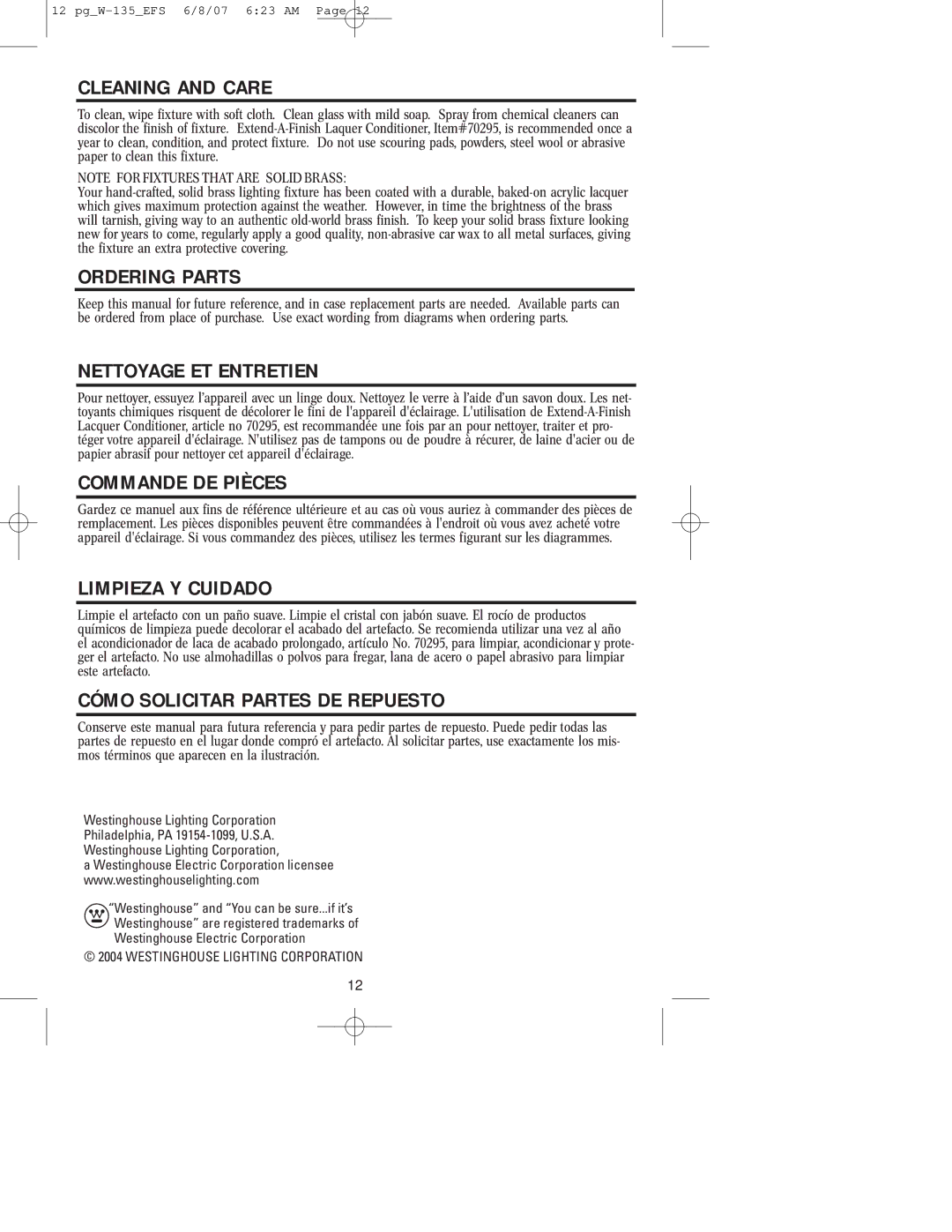 Westinghouse W-135 Cleaning and Care, Ordering Parts, Nettoyage ET Entretien, Commande DE Pièces, Limpieza Y Cuidado 