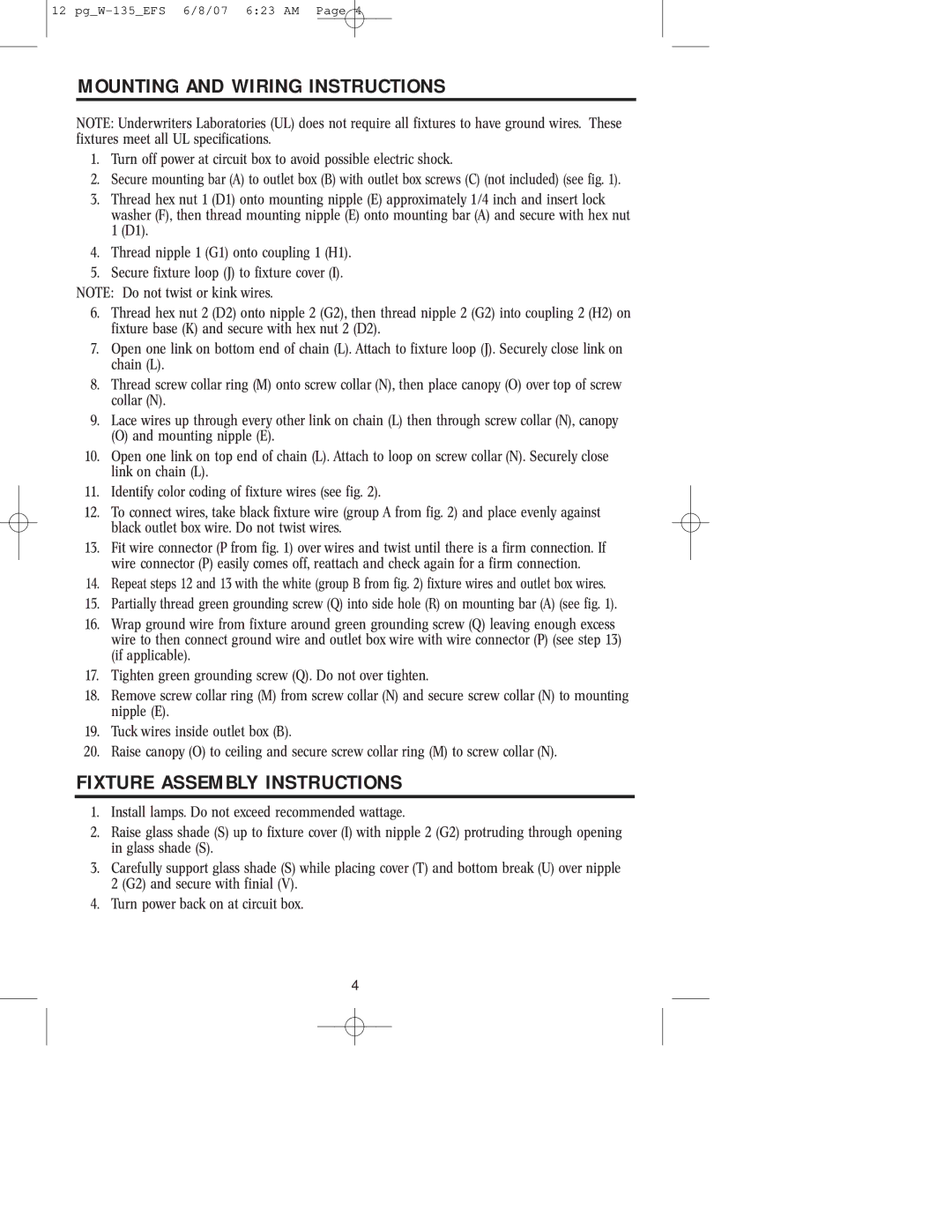 Westinghouse W-135 owner manual Mounting and Wiring Instructions, Fixture Assembly Instructions 