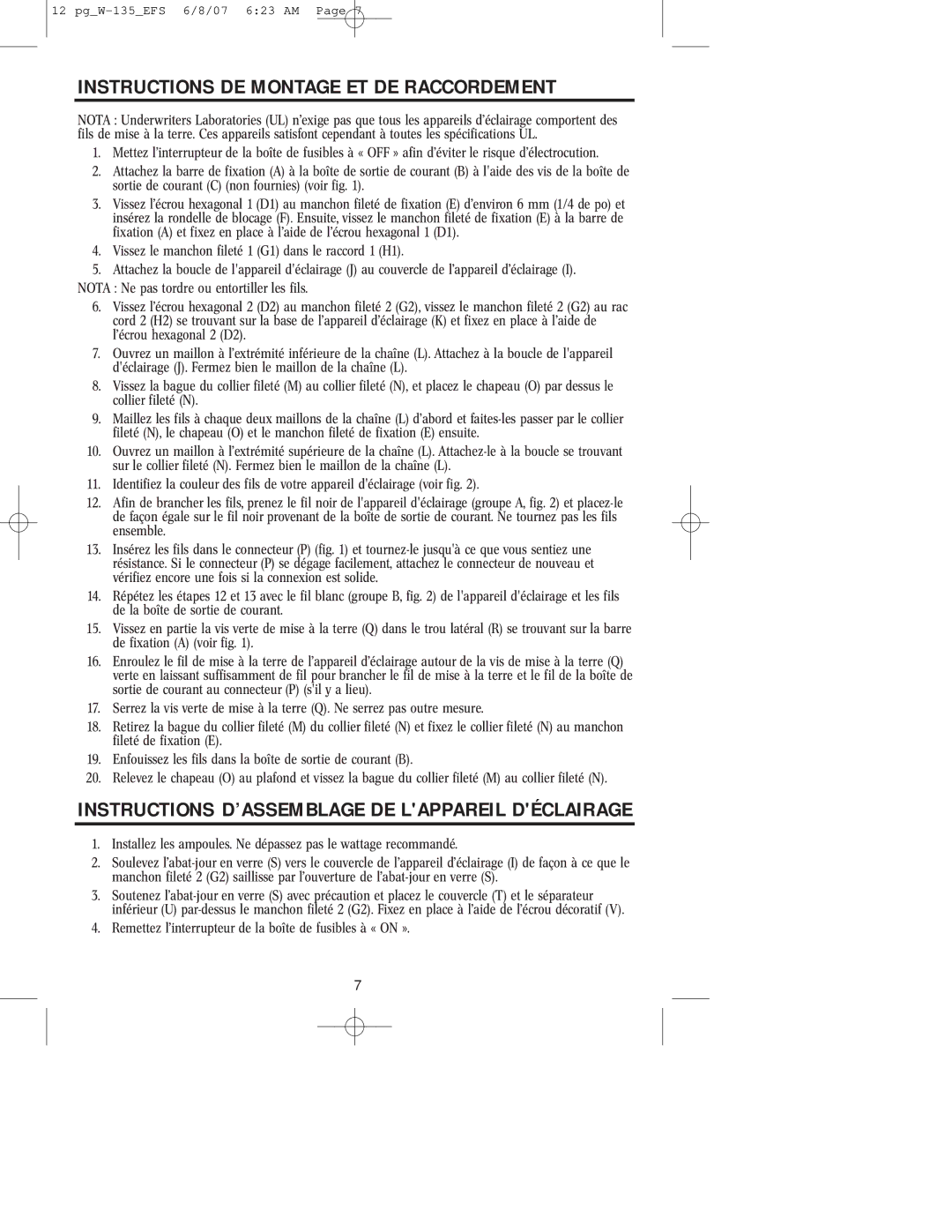 Westinghouse W-135 Instructions DE Montage ET DE Raccordement, Instructions D’ASSEMBLAGE DE Lappareil Déclairage 