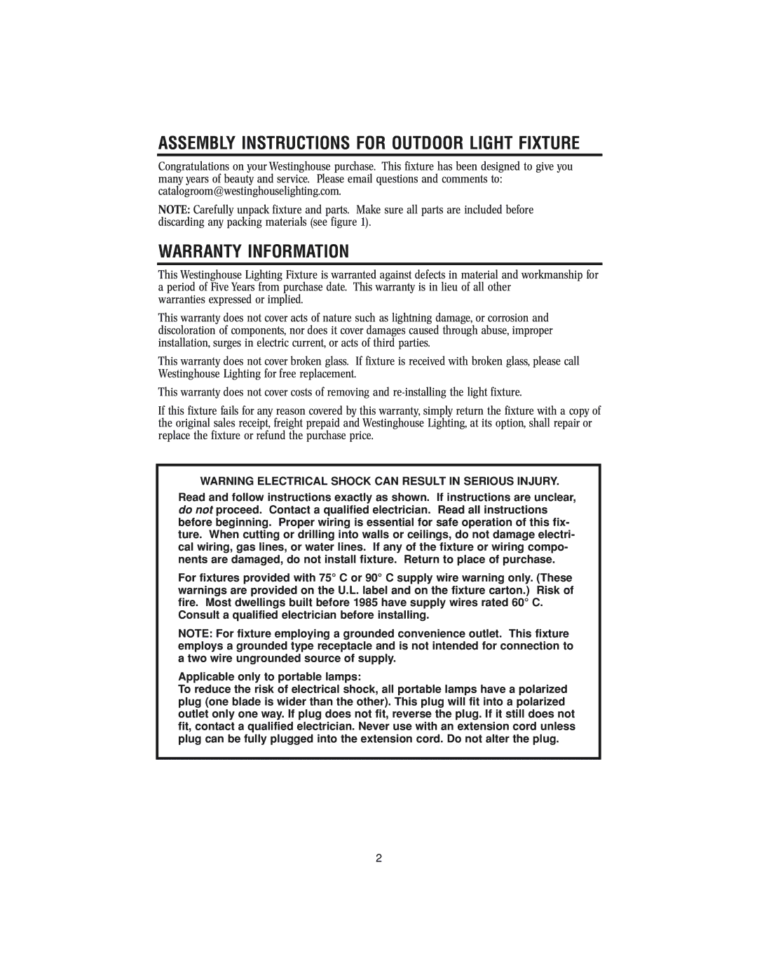 Westinghouse w-143 owner manual Warranty Information, Assembly Instructions for Outdoor Light Fixture 