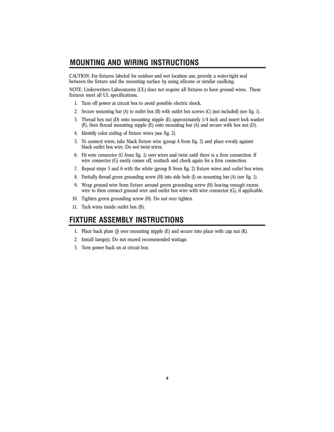 Westinghouse w-143 owner manual Mounting and Wiring Instructions, Fixture Assembly Instructions 