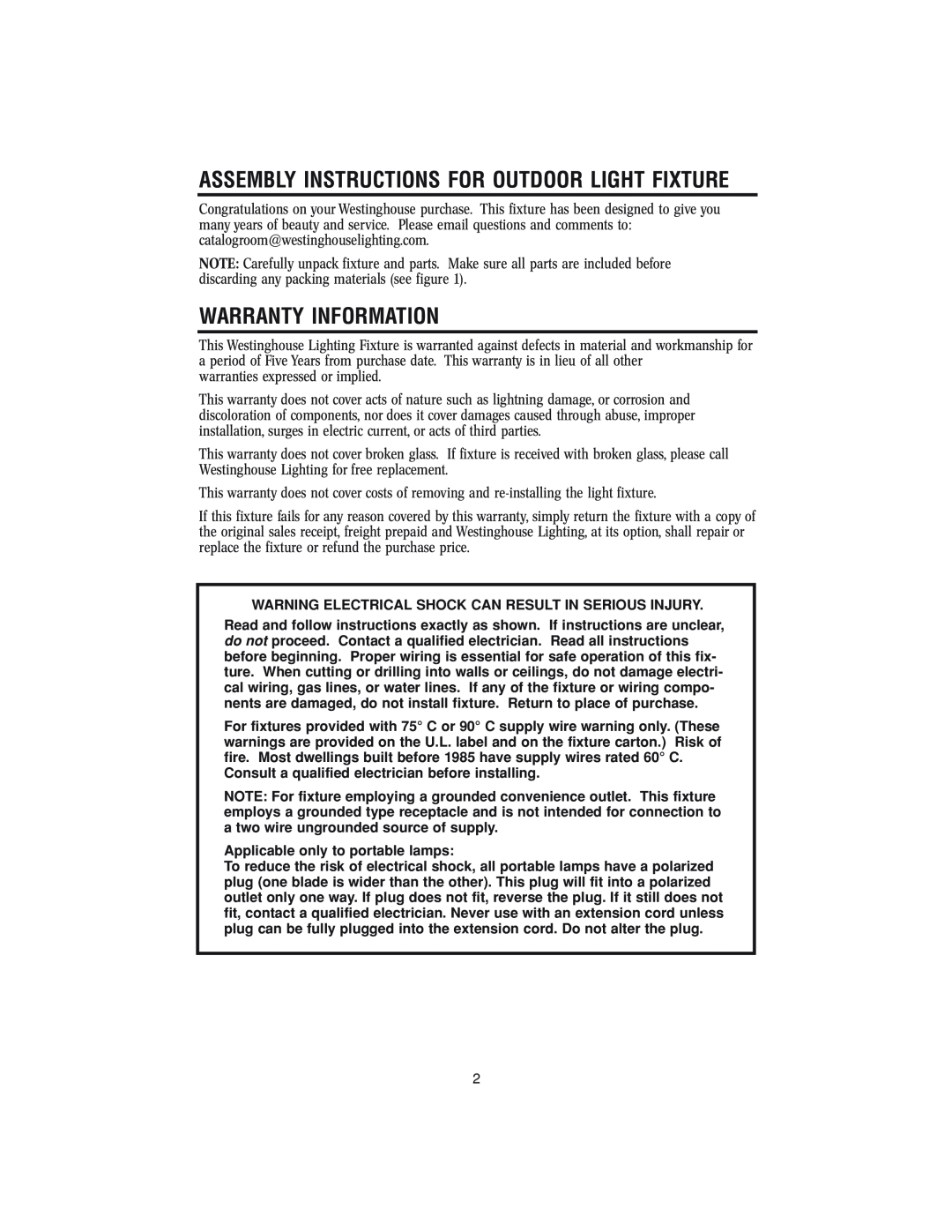 Westinghouse w-143 owner manual Warranty Information, Assembly Instructions For Outdoor Light Fixture 