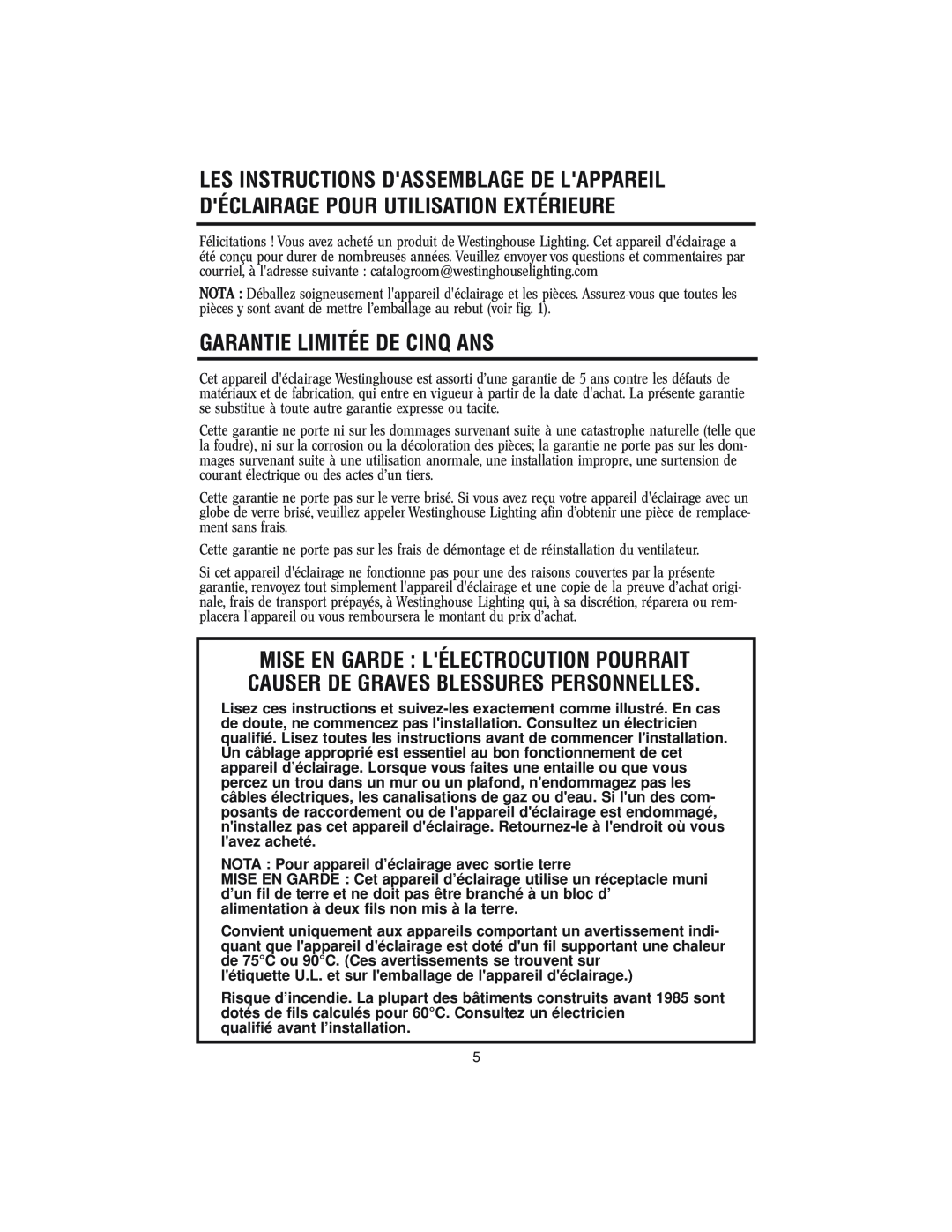 Westinghouse w-143 owner manual Garantie Limitée De Cinq Ans 