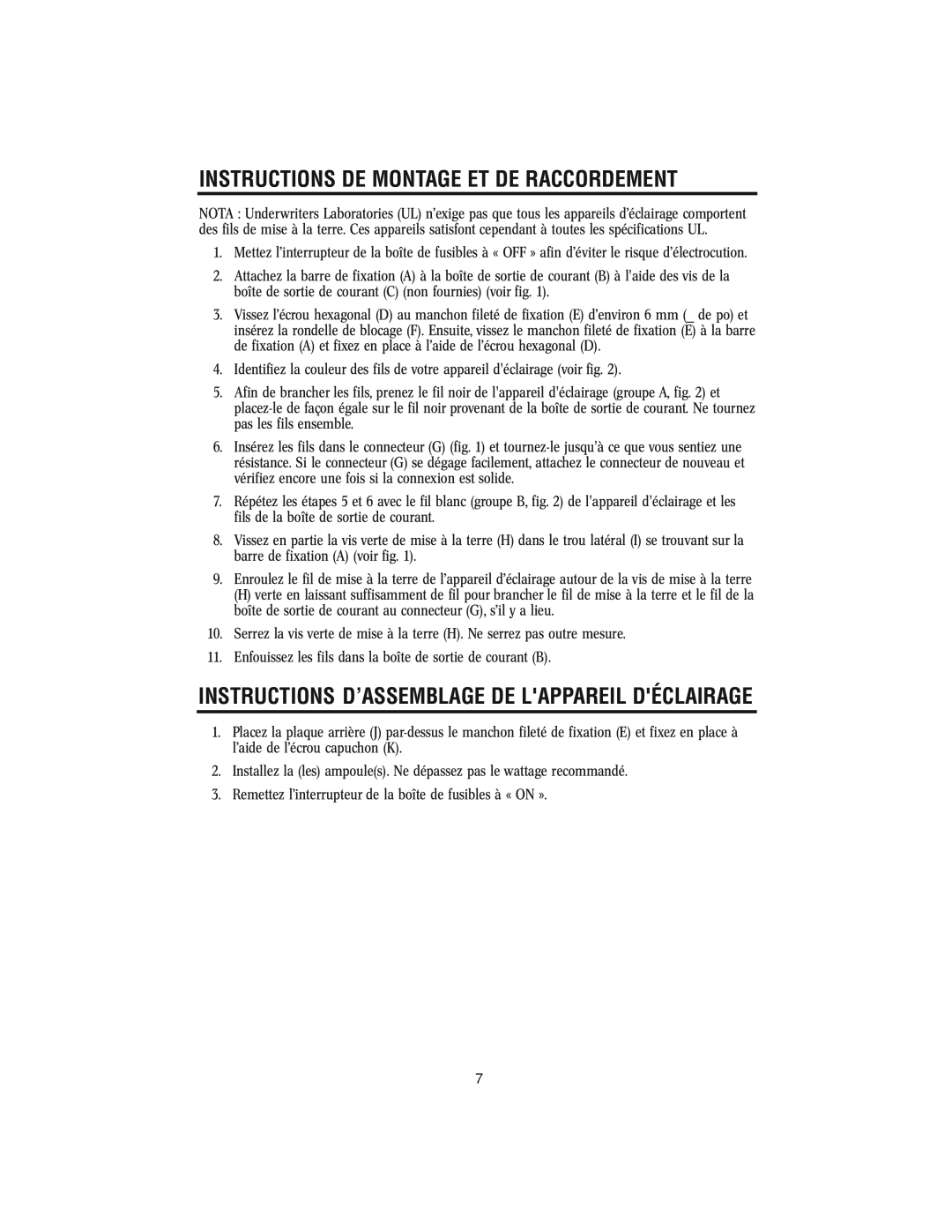 Westinghouse w-143 Instructions D’Assemblage De Lappareil Déclairage, Instructions De Montage Et De Raccordement 