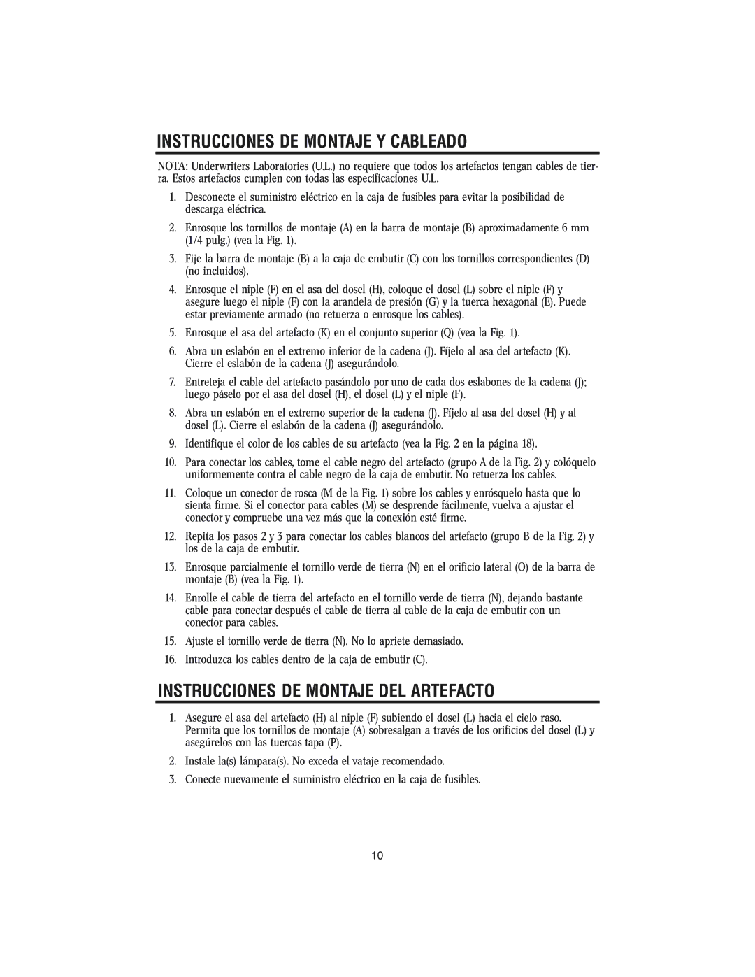 Westinghouse W-144 owner manual Instrucciones DE Montaje Y Cableado, Instrucciones DE Montaje DEL Artefacto 