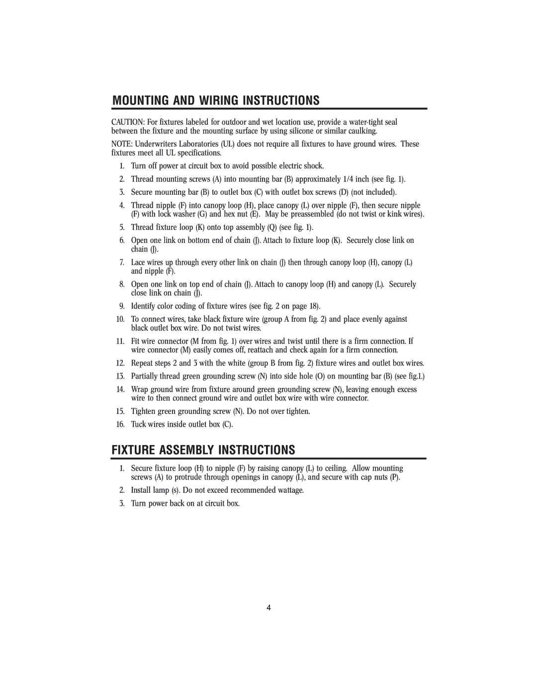 Westinghouse W-144 owner manual Mounting and Wiring Instructions, Fixture Assembly Instructions 