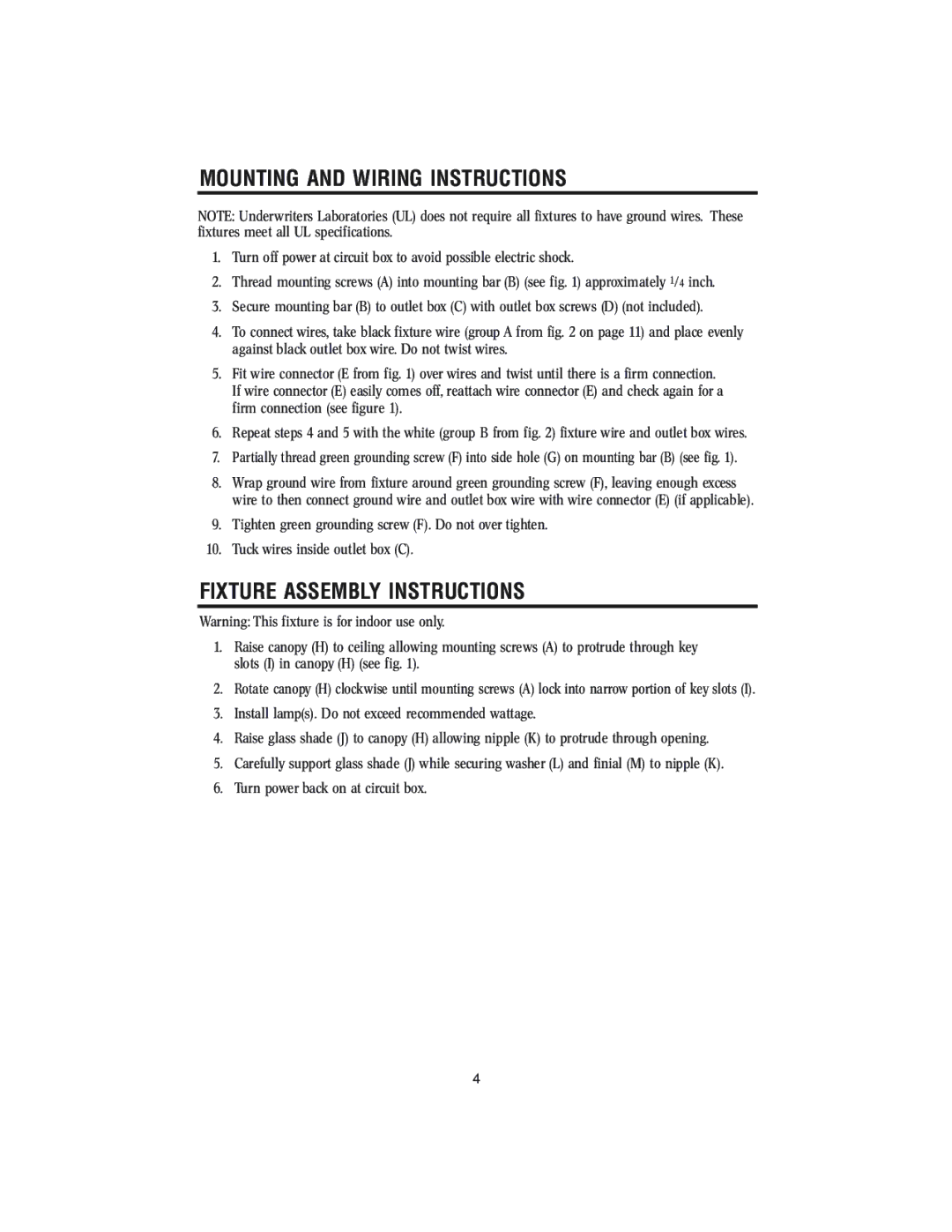 Westinghouse W-145 owner manual Mounting and Wiring Instructions, Fixture Assembly Instructions 