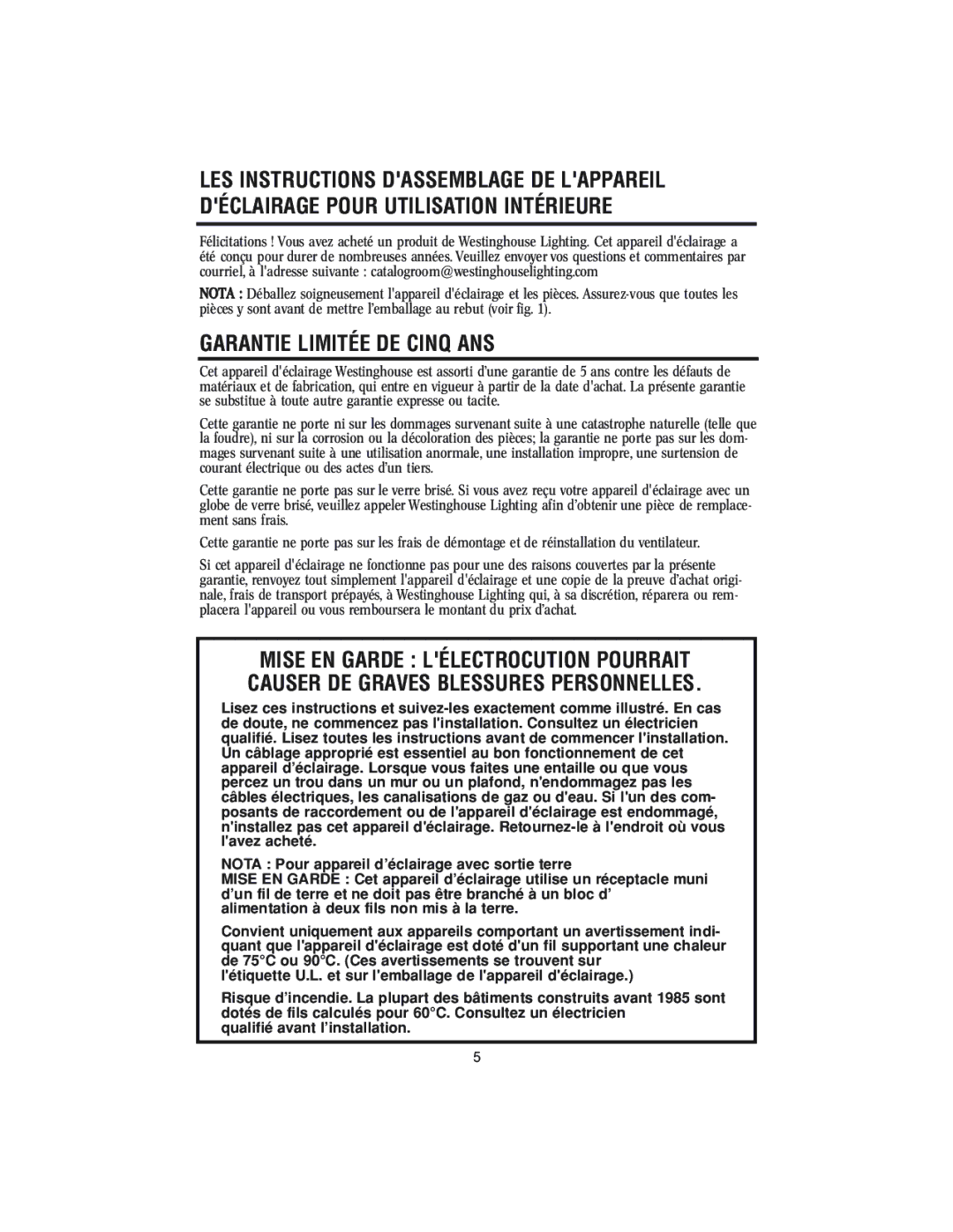 Westinghouse W-145 owner manual Garantie Limitée DE Cinq ANS 