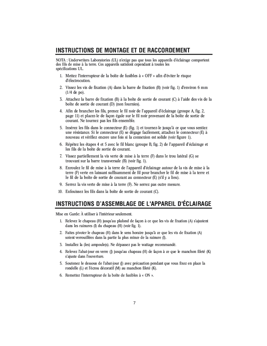 Westinghouse W-145 Instructions DE Montage ET DE Raccordement, Instructions D’ASSEMBLAGE DE Lappareil Déclairage 