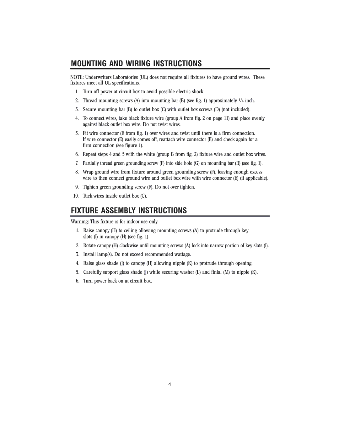 Westinghouse W-145 owner manual Mounting and Wiring Instructions, Fixture Assembly Instructions 