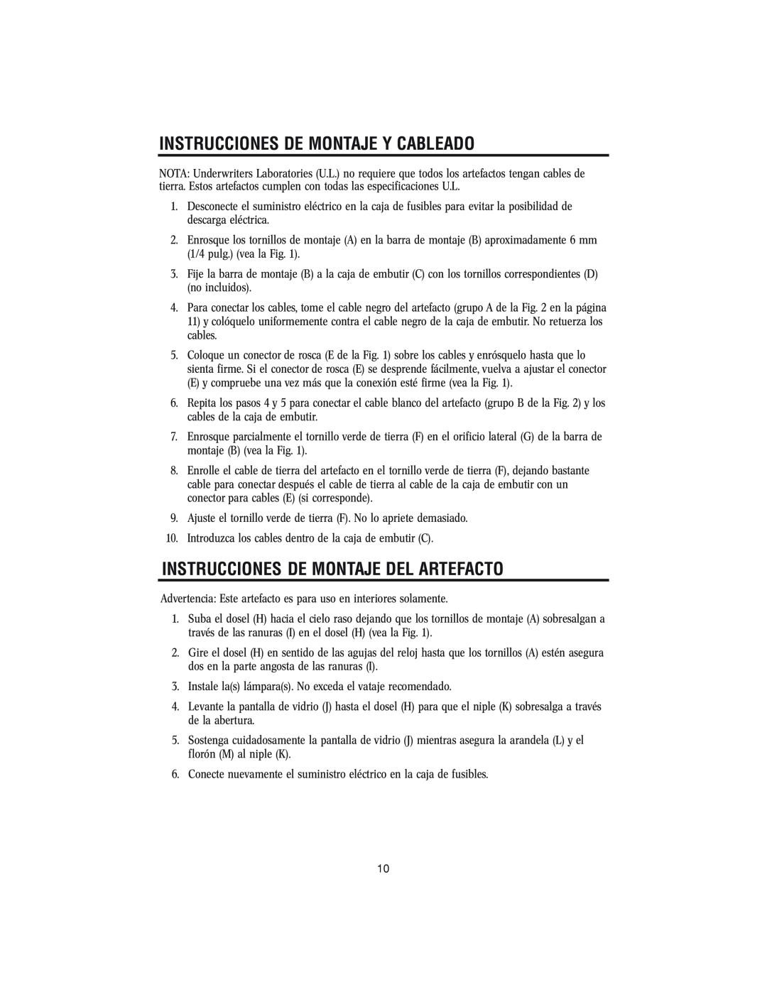 Westinghouse W-145 owner manual Instrucciones De Montaje Y Cableado, Instrucciones De Montaje Del Artefacto 