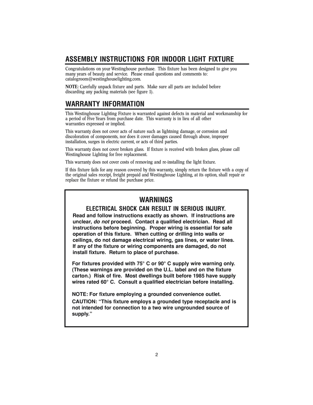 Westinghouse W-145 owner manual Warranty Information, Warnings, Assembly Instructions For Indoor Light Fixture 