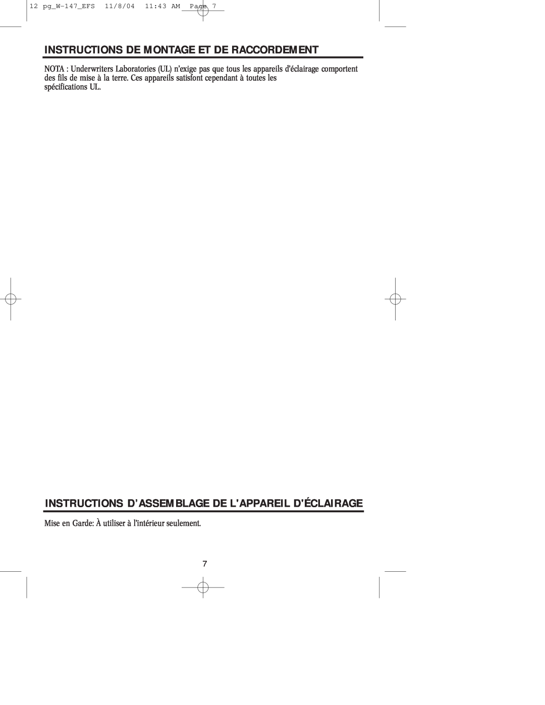 Westinghouse W-147 Instructions De Montage Et De Raccordement, Instructions D’Assemblage De Lappareil Déclairage 