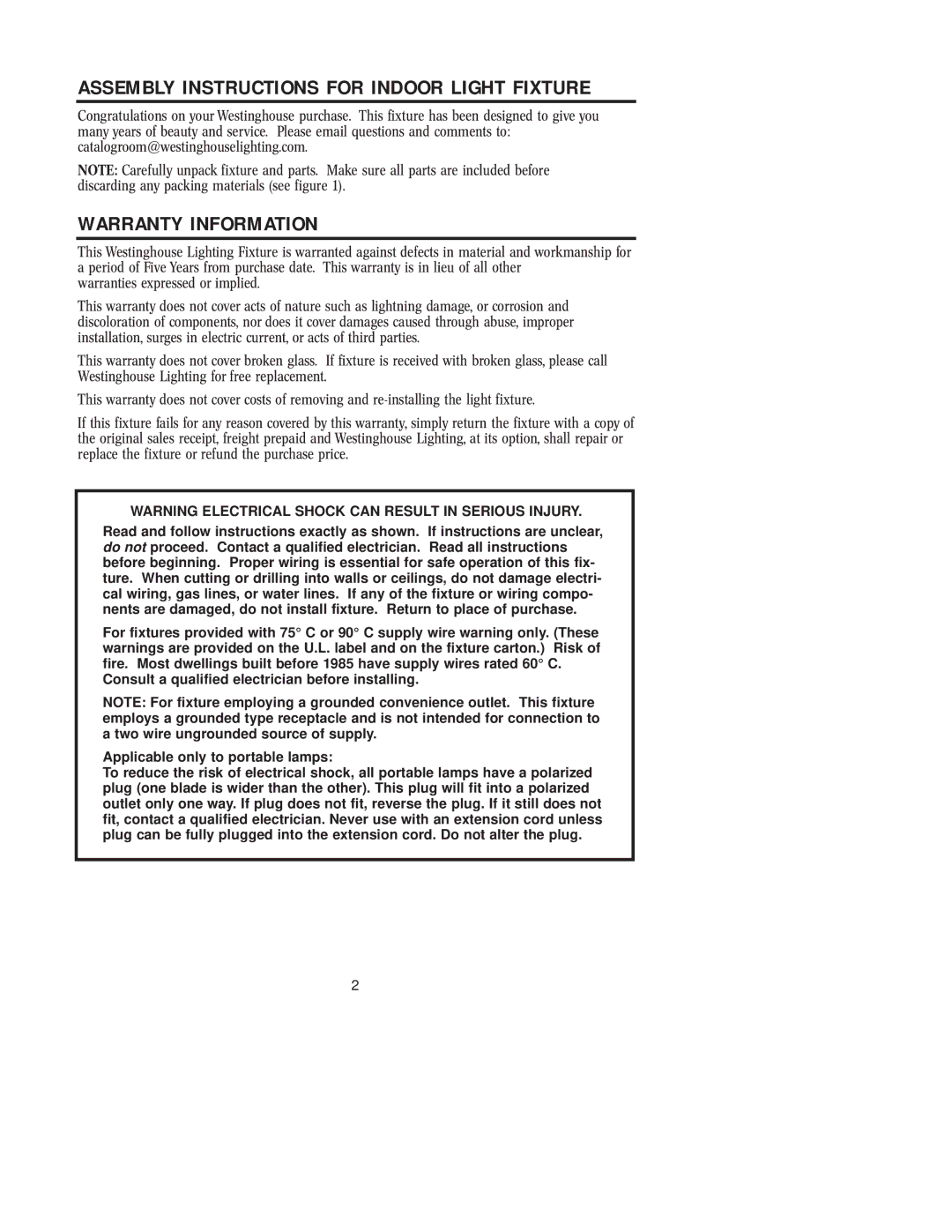 Westinghouse W-157 101404 owner manual Warranty Information, Assembly Instructions for Indoor Light Fixture 