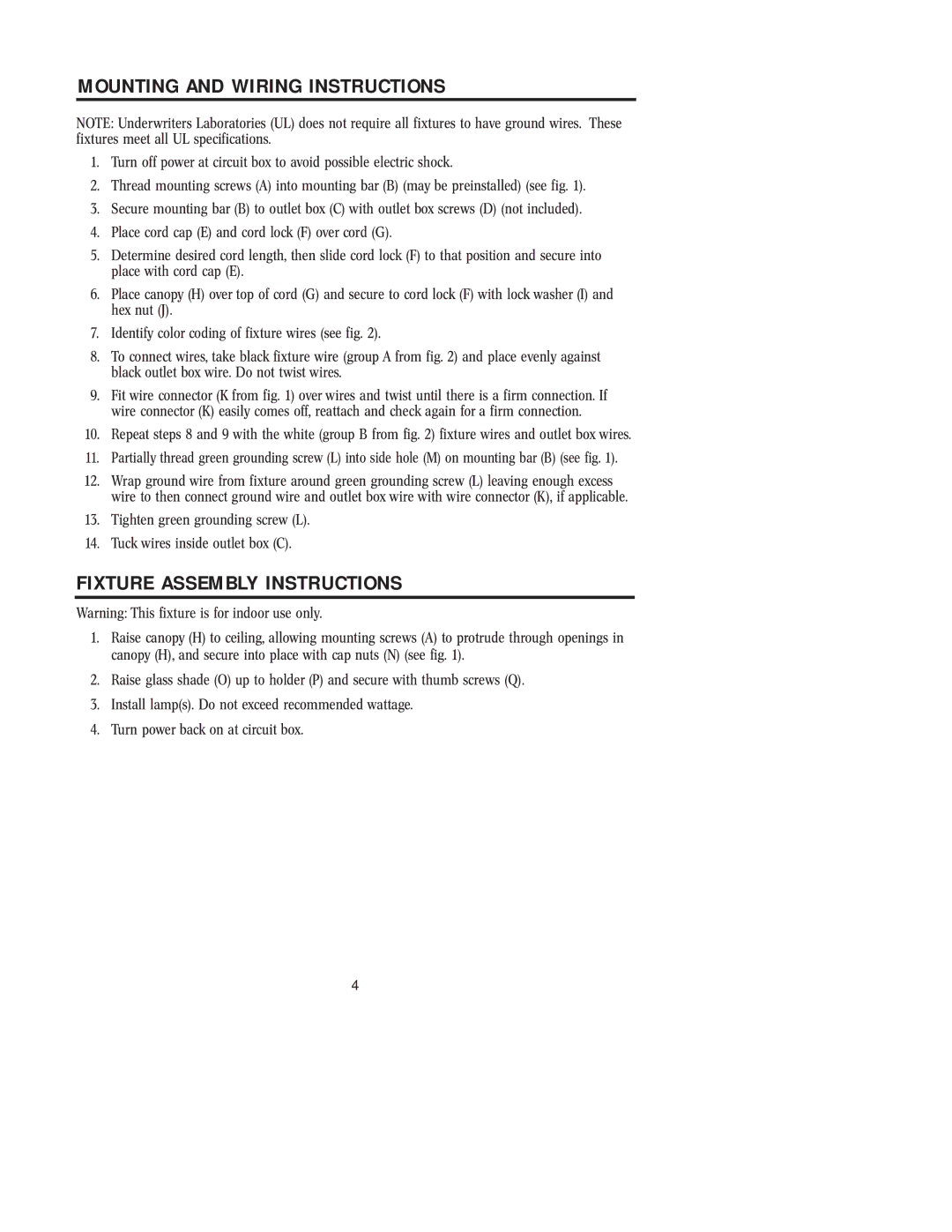 Westinghouse W-157 101404 owner manual Mounting and Wiring Instructions, Fixture Assembly Instructions 