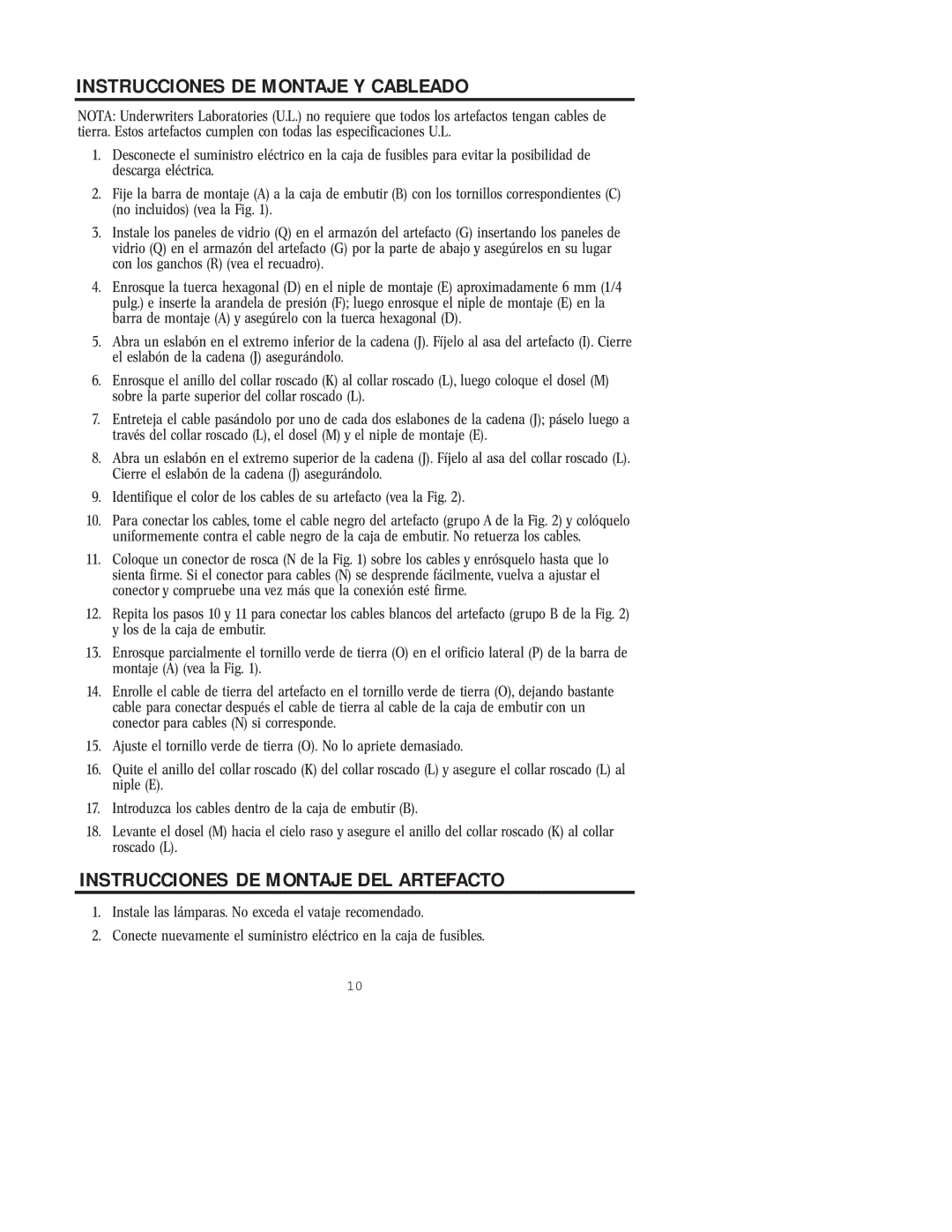 Westinghouse W-164 owner manual Instrucciones DE Montaje Y Cableado, Instrucciones DE Montaje DEL Artefacto 