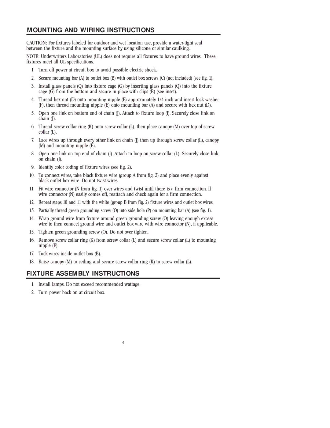 Westinghouse W-164 owner manual Mounting and Wiring Instructions, Fixture Assembly Instructions 