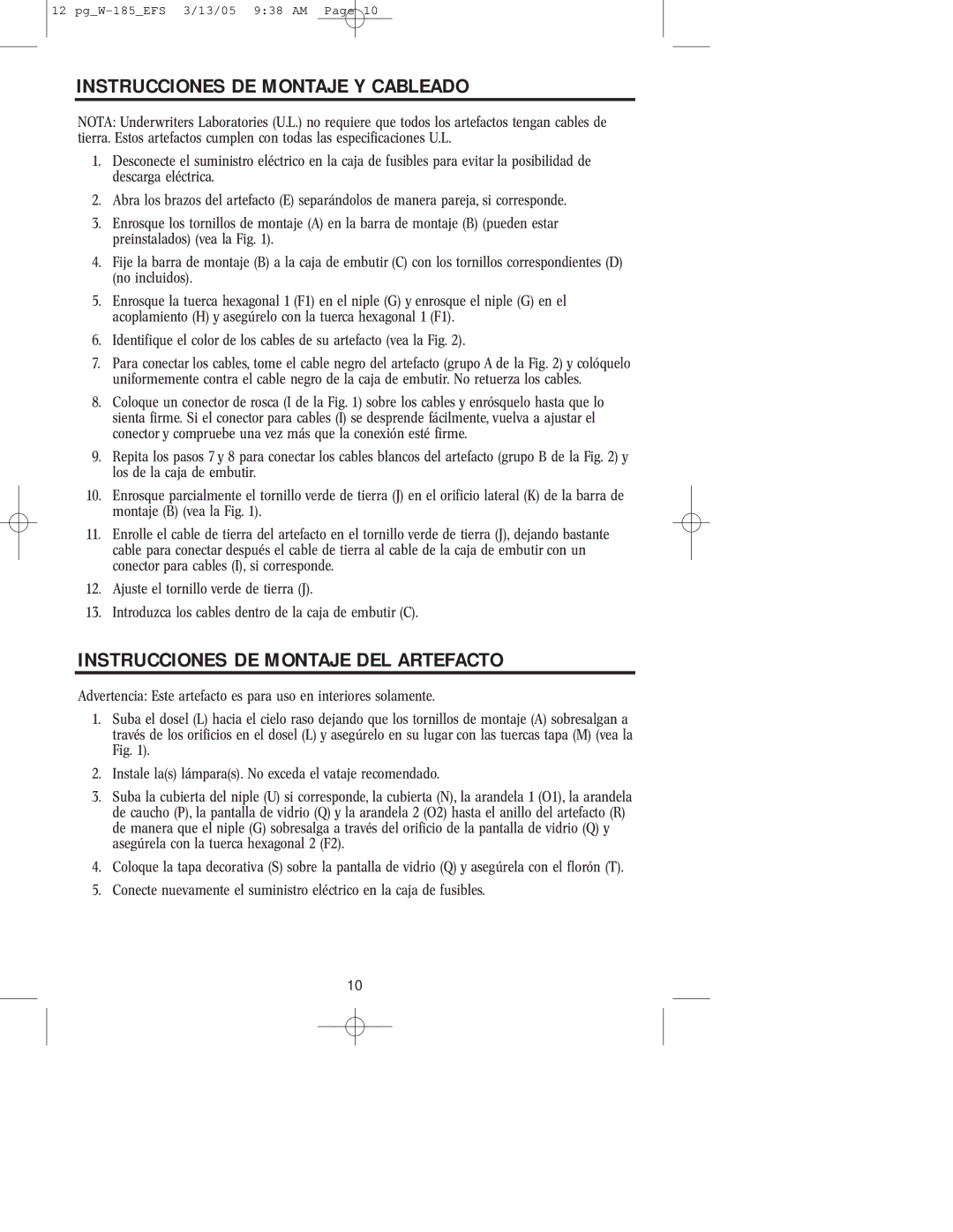 Westinghouse W-185 owner manual Instrucciones DE Montaje Y Cableado, Instrucciones DE Montaje DEL Artefacto 