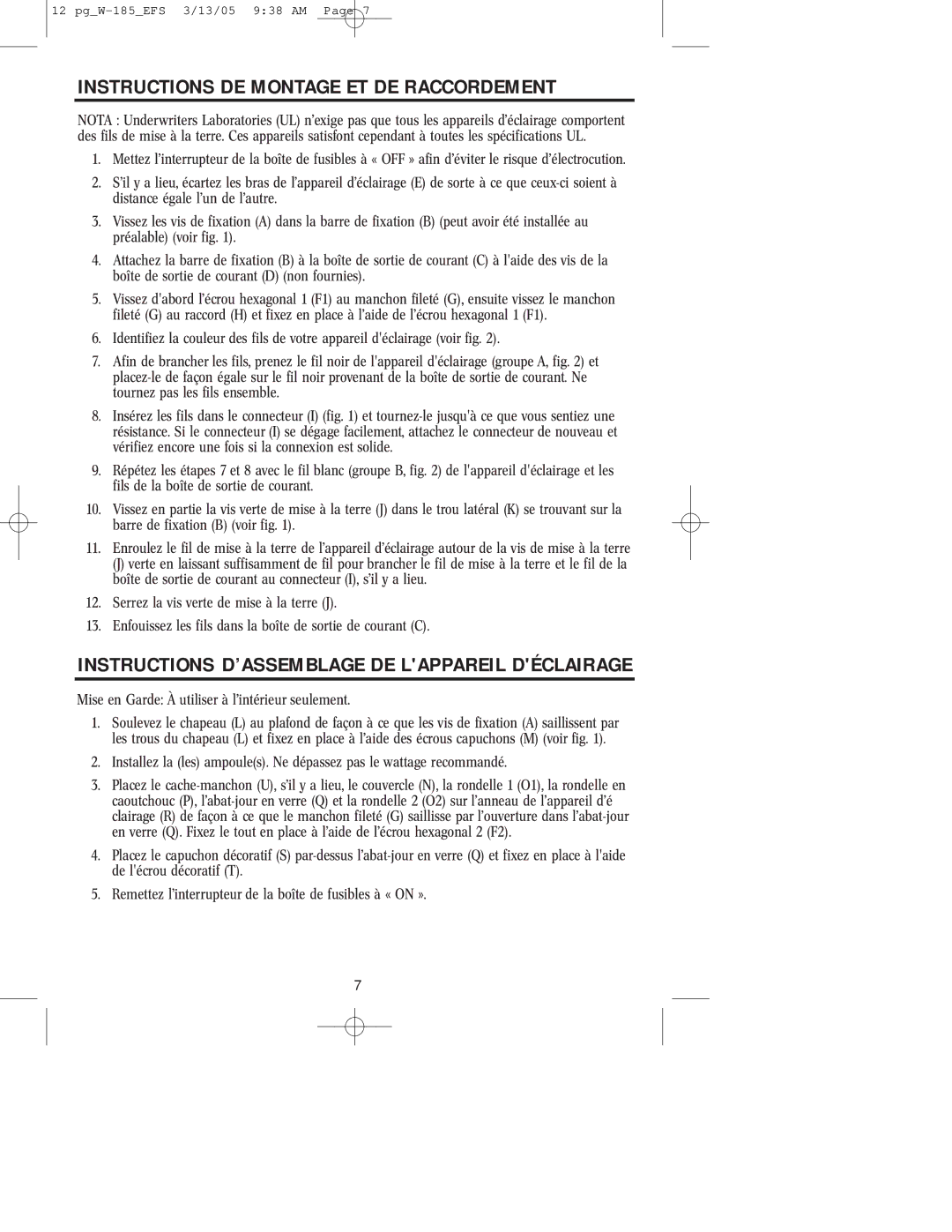 Westinghouse W-185 Instructions DE Montage ET DE Raccordement, Instructions D’ASSEMBLAGE DE Lappareil Déclairage 