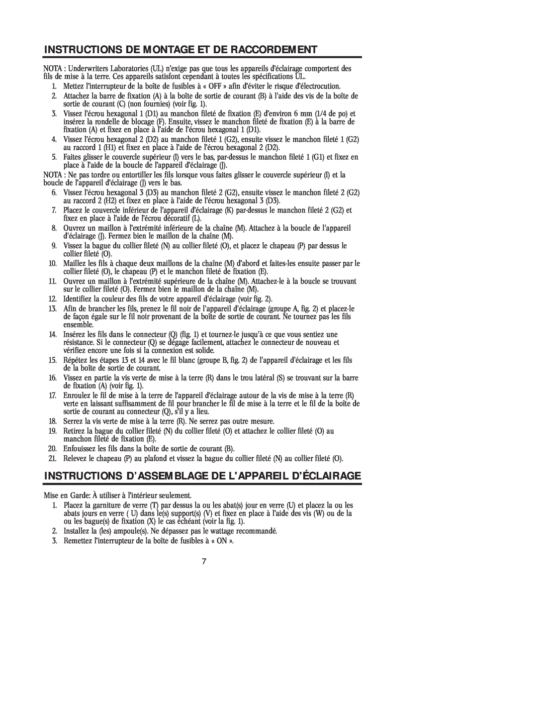 Westinghouse 31705, W-194 Instructions D’Assemblage De Lappareil Déclairage, Instructions De Montage Et De Raccordement 