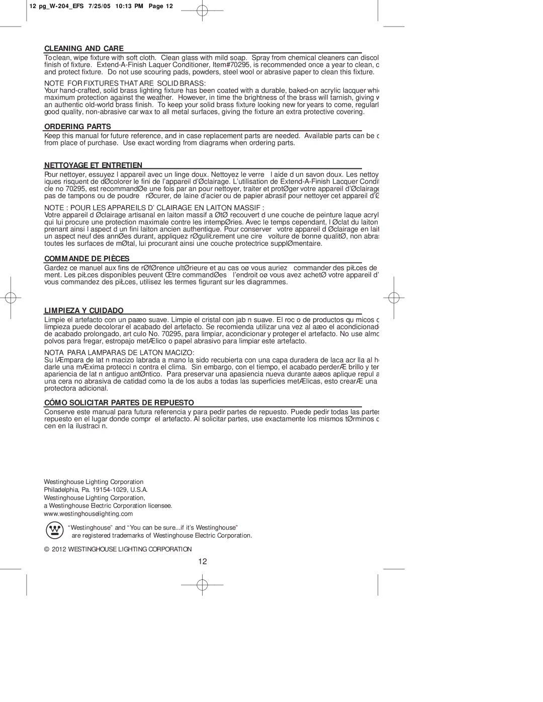 Westinghouse W-204 owner manual Cleaning and Care 